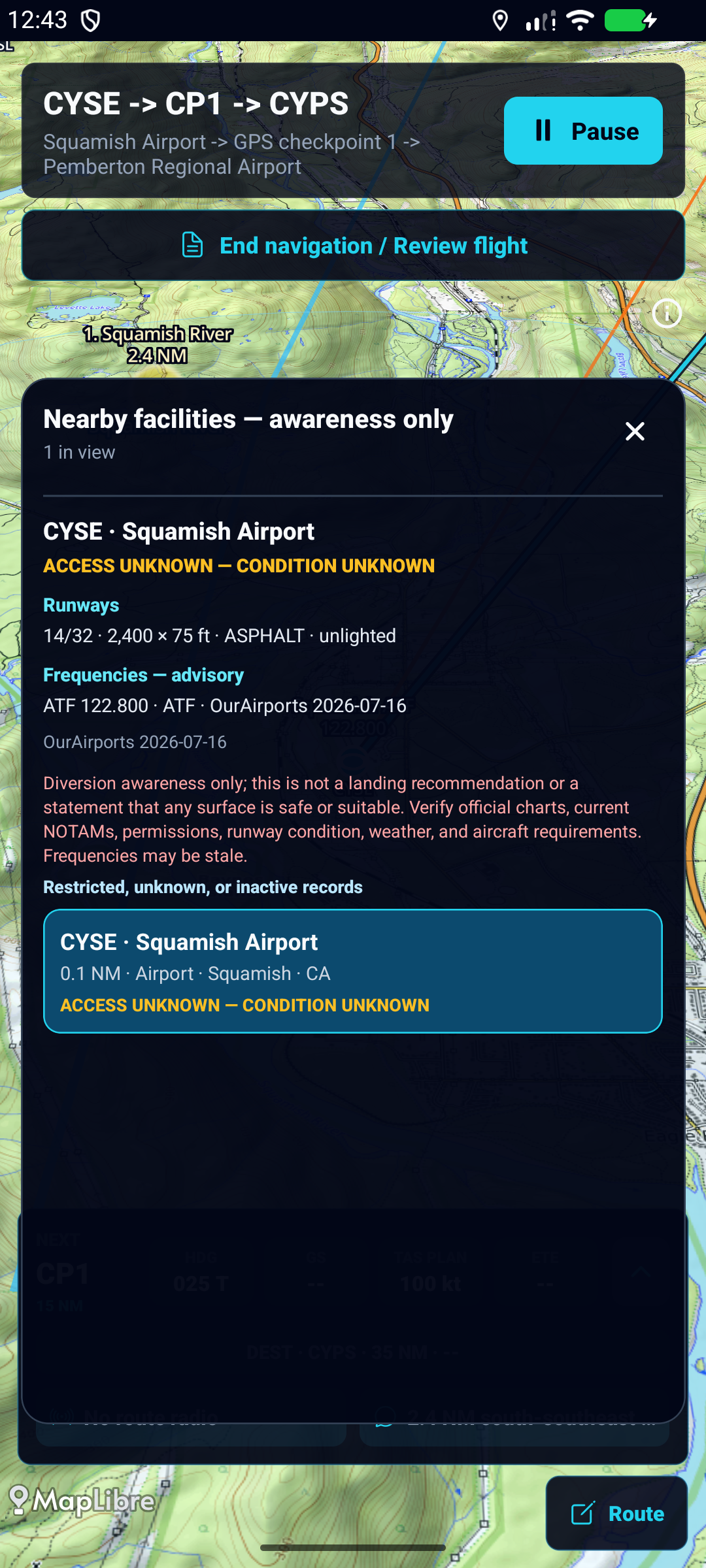 ClearProp Android beta showing Squamish Airport as a nearby landing option with runway, frequency, source, and safety details